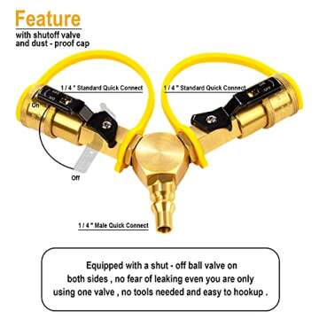 DOZYANT 1/4" RV Propane Quick Connect Y Splitter Adapter with Shutoff Valve for RV Trailer and Quick...