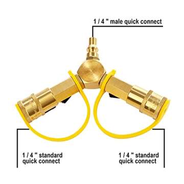 DOZYANT 1/4" RV Propane Quick Connect Y Splitter Adapter with Shutoff Valve for RV Trailer and Quick Connect Propane Hose Connect to Motorhome Tabletop Grill, 2 Way 1/4 inch Quick Disconnect Kit