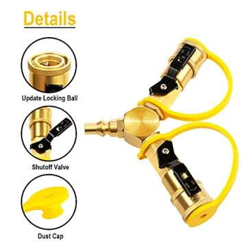 DOZYANT 1/4" RV Propane Quick Connect Y Splitter Adapter with Shutoff Valve for RV Trailer and Quick Connect Propane Hose Connect to Motorhome Tabletop Grill, 2 Way 1/4 inch Quick Disconnect Kit