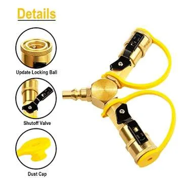 DOZYANT 1/4" RV Propane Quick Connect Y Splitter Adapter with Shutoff Valve for RV Trailer and Quick Connect Propane Hose Connect to Motorhome Tabletop Grill, 2 Way 1/4 inch Quick Disconnect Kit