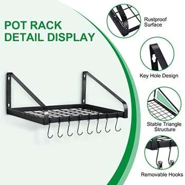 G-TING Hanging Pot Rack, Pot and Pan Organizer Wall Mounted Pots Holder Kitchen Storage Shelf with 8...