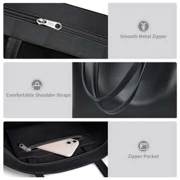 KALIDI Tote Bag Zipper Shoulder Bag Faux Leather Purses Satchel for Women Large Casual Handbag Work Dating College, Black