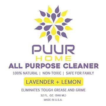 PUUR Home natural all purpose cleaner. Best value - 32 oz. spray + 4 oz. super concentrate makes 160 oz (1.25 gallons) total. Lemon lavender scent - Non-toxic - Pet safe and baby safe.