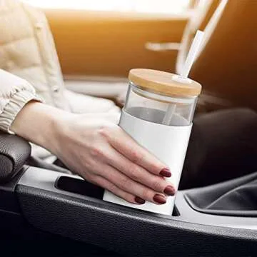 Tronco 20 oz Glass Tumbler Glass Water Bottle Straw Silicone Protective Sleeve Bamboo Lid - BPA Free - Black/ 4 Pack