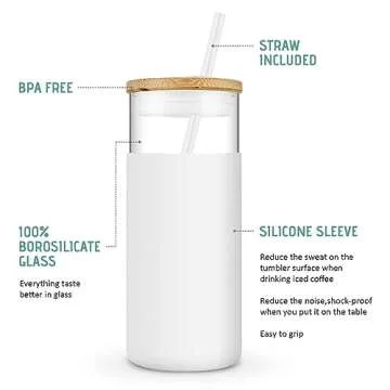 Tronco 20 oz Glass Tumbler Glass Water Bottle Straw Silicone Protective Sleeve Bamboo Lid - BPA Free - Black/ 4 Pack