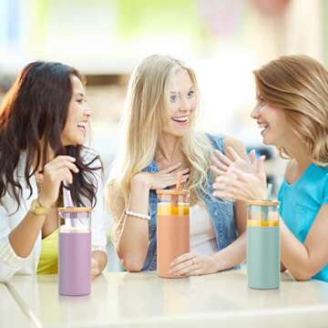 Tronco 20 oz Glass Tumbler Glass Water Bottle Straw Silicone Protective Sleeve Bamboo Lid - BPA Free - Black/ 4 Pack