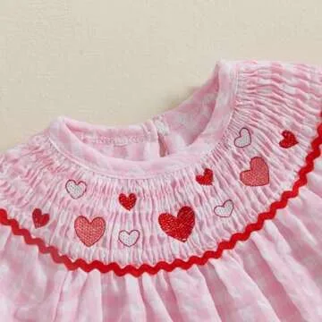 Toddler Baby Girl Valentines Day Outfit Ruffle Smocked Heart Embroidery Dress Plaid Playwear Summer Outfit 6M-4T (Pink, 2-3 Years)