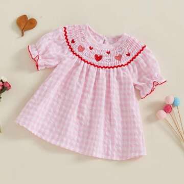 Toddler Baby Girl Valentines Day Outfit Ruffle Smocked Heart Embroidery Dress Plaid Playwear Summer Outfit 6M-4T (Pink, 2-3 Years)