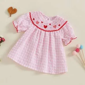 Toddler Baby Girl Valentines Day Outfit Ruffle Smocked Heart Embroidery Dress Plaid Playwear Summer Outfit 6M-4T (Pink, 2-3 Years)