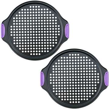 Amazing Abby - Chef Stacy - 2-Pack 13-Inch Non-Stick Pizza Pan with Holes, Perforated Pizza Crisper with Heat-Resistant Silicone Handle Grips, Oven-Safe Bakeware, Carbon Steel Baking Pan for Oven