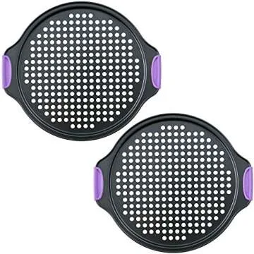 Amazing Abby - Chef Stacy - 2-Pack 13-Inch Non-Stick Pizza Pan with Holes, Perforated Pizza Crisper with Heat-Resistant Silicone Handle Grips, Oven-Safe Bakeware, Carbon Steel Baking Pan for Oven
