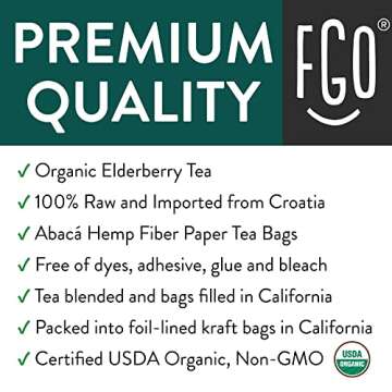FGO Organic Elderberry Tea, 20 Count, Eco-Conscious Herbal Tea Bags, Resealabel Bag, Caffeine Free, Packaging May Vary (Pack of 1)
