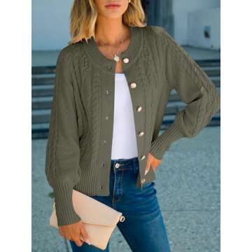 ANRABESS Women’s Long Sleeve Cable Knit Cropped Cardigan Sweater - Cute Green Outwear for Spring a...