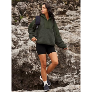 Panadila Womens Half Zip Pullover with Pockets Sherpa Hoodie Oversized Hooded Sweatshirt Warm Fleece Jackets(Army Green,S)