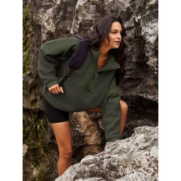 Panadila Womens Half Zip Pullover with Pockets Sherpa Hoodie Oversized Hooded Sweatshirt Warm Fleece Jackets(Army Green,S)