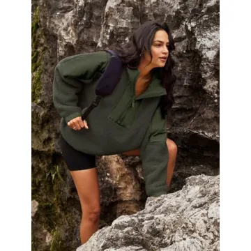 Panadila Womens Half Zip Pullover with Pockets Sherpa Hoodie Oversized Hooded Sweatshirt Warm Fleece Jackets(Army Green,S)
