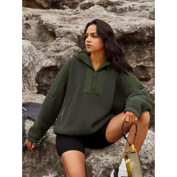 Panadila Womens Half Zip Pullover with Pockets Sherpa Hoodie Oversized Hooded Sweatshirt Warm Fleece Jackets(Army Green,S)