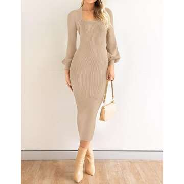 ZESICA Women's 2025 Square Neck Ribbed Knit Dress Puff Long Sleeve Slim Fit Bodycon Fall Winter Pullover Sweater Dress,LightKhaki,Medium