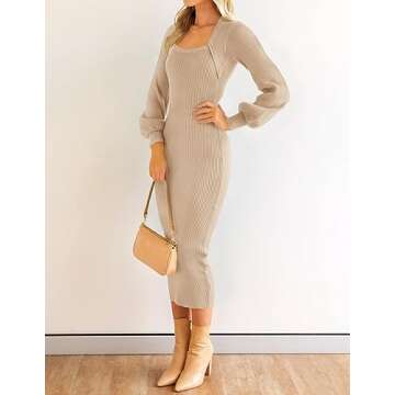 ZESICA Women's 2025 Square Neck Ribbed Knit Dress Puff Long Sleeve Slim Fit Bodycon Fall Winter Pullover Sweater Dress,LightKhaki,Medium