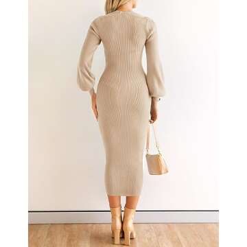 ZESICA Women's 2025 Square Neck Ribbed Knit Dress Puff Long Sleeve Slim Fit Bodycon Fall Winter Pullover Sweater Dress,LightKhaki,Medium