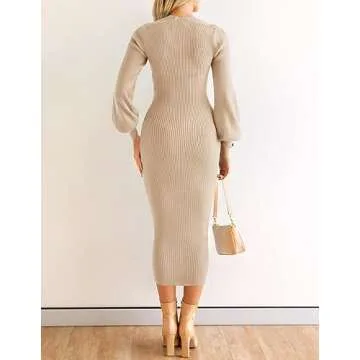 ZESICA Women's 2025 Square Neck Ribbed Knit Dress Puff Long Sleeve Slim Fit Bodycon Fall Winter Pullover Sweater Dress,LightKhaki,Medium