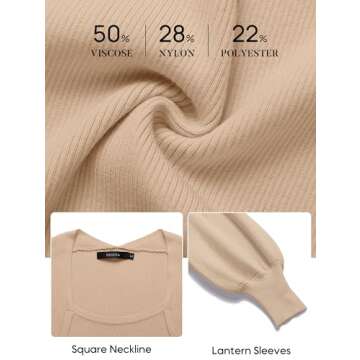 ZESICA Women's 2025 Square Neck Ribbed Knit Dress Puff Long Sleeve Slim Fit Bodycon Fall Winter Pullover Sweater Dress,LightKhaki,Medium