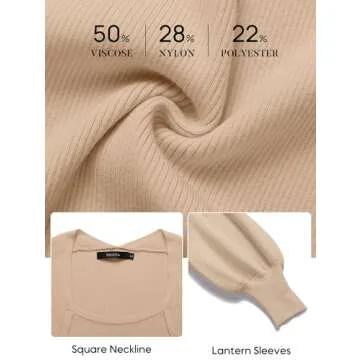 ZESICA Women's 2025 Square Neck Ribbed Knit Dress Puff Long Sleeve Slim Fit Bodycon Fall Winter Pullover Sweater Dress,LightKhaki,Medium