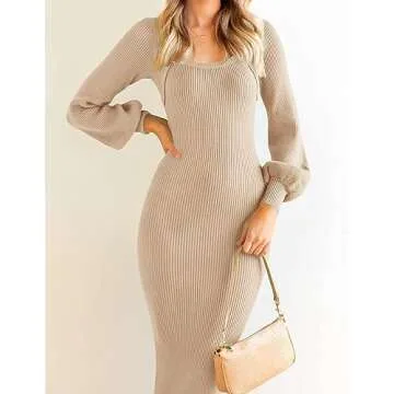 ZESICA Women's 2025 Square Neck Ribbed Knit Dress Puff Long Sleeve Slim Fit Bodycon Fall Winter Pullover Sweater Dress,LightKhaki,Medium