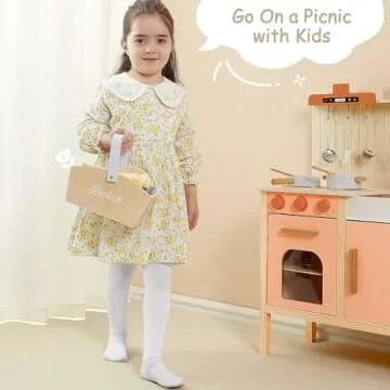 Pillowhale Play Food Sets for Kids Kitchen, Wooden Picnic Basket Playset Toy,Pretend Play Kitchen Food Toy with Cutting Fruits for Toddlers Girls Boys Ages 3+