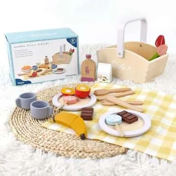 Pillowhale Play Food Sets for Kids Kitchen, Wooden Picnic Basket Playset Toy,Pretend Play Kitchen Food Toy with Cutting Fruits for Toddlers Girls Boys Ages 3+