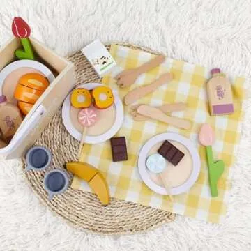 Pillowhale Play Food Sets for Kids Kitchen, Wooden Picnic Basket Playset Toy,Pretend Play Kitchen Food Toy with Cutting Fruits for Toddlers Girls Boys Ages 3+