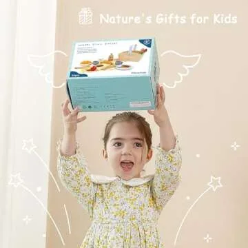 Pillowhale Play Food Sets for Kids Kitchen, Wooden Picnic Basket Playset Toy,Pretend Play Kitchen Food Toy with Cutting Fruits for Toddlers Girls Boys Ages 3+