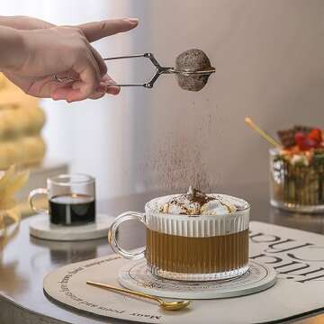 Buaic Glass Coffee Mugs, Vintage Vertical Stripes Coffee Mugs 14 Oz Set of 2, Glass Coffee Cups for Cappuccino, Latte,Cereal,With 2 PACK Espresso Cups, Wish Card Gift Box for Coffee Lover