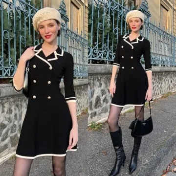 GOELIA Black Mini Sweater Dress for Women, Button up 3/4 Sleeve Knit Dresses for Teacher Work Business in Fall