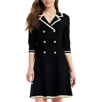 GOELIA Black Mini Sweater Dress for Women, Button up 3/4 Sleeve Knit Dresses for Teacher Work Business in Fall