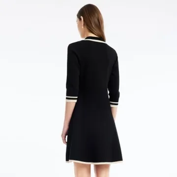 GOELIA Black Mini Sweater Dress for Women, Button up 3/4 Sleeve Knit Dresses for Teacher Work Business in Fall