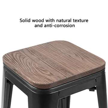 JUMMICO Metal Bar Stools Indoor Outdoor Stackable Modern 24 Inches Metal Counter Height Industrial Barstools with Wooden Seat Set of 4 (Black)