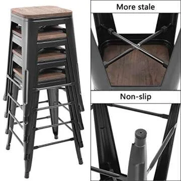 JUMMICO Metal Bar Stools Indoor Outdoor Stackable Modern 24 Inches Metal Counter Height Industrial Barstools with Wooden Seat Set of 4 (Black)
