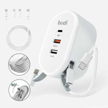Budi 38W USB Wall Charger with 3 Ports and Cables