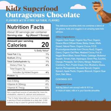 Amazing Grass Kidz Superfood: Organic Greens, Fruits, Veggies, Beet Root Powder & Probiotics for Healthy Kids, Outrageous Chocolate, 30 Servings, 6.35 Ounce (Pack of 1)