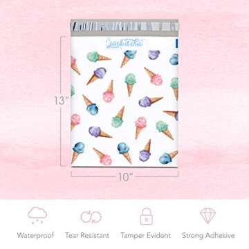 Pack It Chic - 10X13 (100 Pack) Ice Cream Pattern Poly Mailer Envelope Plastic Custom Mailing & Shipping Bags - Self Seal