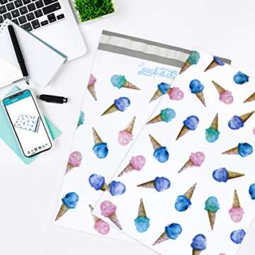 Pack It Chic - 10X13 (100 Pack) Ice Cream Pattern Poly Mailer Envelope Plastic Custom Mailing & Shipping Bags - Self Seal