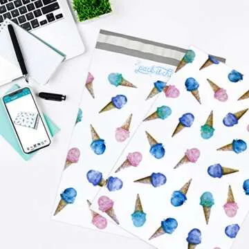 Pack It Chic - 10X13 (100 Pack) Ice Cream Pattern Poly Mailer Envelope Plastic Custom Mailing & Shipping Bags - Self Seal