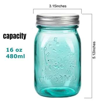 16 oz Teal Mason Jars with Lids，Regular Mouth Canning Jar, 6 Pack Multifunction Glass Container, f...