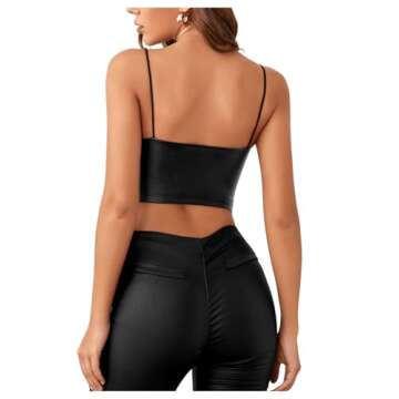 SOLY HUX Women's PU Leather V Neck Spaghetti Strap Cami Crop Top Black S
