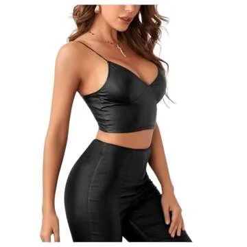SOLY HUX Women's PU Leather V Neck Spaghetti Strap Cami Crop Top Black S