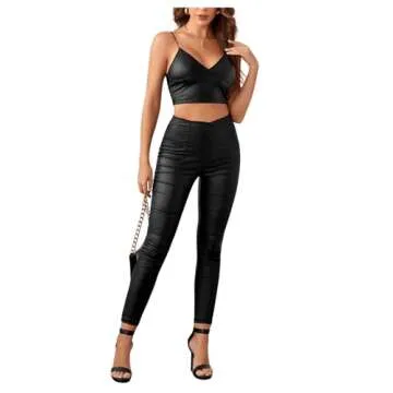 SOLY HUX Women's PU Leather V Neck Spaghetti Strap Cami Crop Top Black S