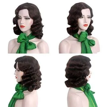 STfantasy Finger Wave Wig 1920s Retro Mid Length Long Curly Synthetic Hair for Women Cosplay Halloween Party Costume (Dark Brown)
