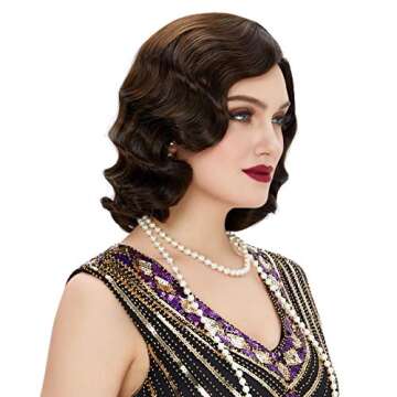 STfantasy Finger Wave Wig 1920s Retro Mid Length Long Curly Synthetic Hair for Women Cosplay Halloween Party Costume (Dark Brown)