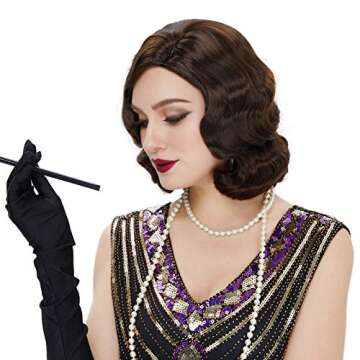 STfantasy Finger Wave Wig 1920s Retro Mid Length Long Curly Synthetic Hair for Women Cosplay Halloween Party Costume (Dark Brown)